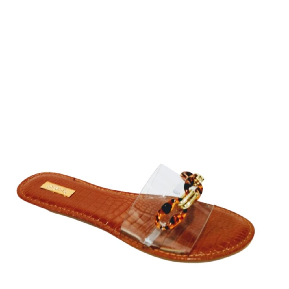 Qupid Brown Slide Sandal with Clear Strap and Tortoise Chain